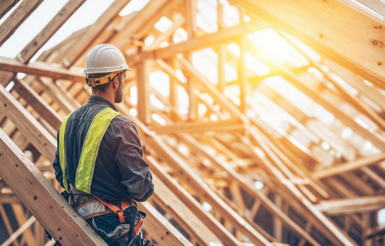 Une personne en tenue de chantier regarde une toiture en bois en construction